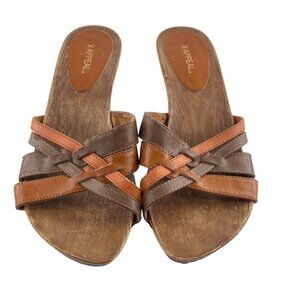 X-Appeal Women’s Wooden Slip On Sandals Brown Scrappy Leather‎ Sage Size 8 y2k